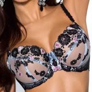 Ewa Bien Blue & Black Sparkly Embroidered Lace Floral Sheer Balcony Bra